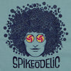 Spikeodelic volleyball men's t-shirt detail of art on dusty blue tee. Back graphic is man's face with afro made from volleyballs and players spiking volleyballs. Man's glasses are round and feature volleyballs. The words "Spikeodelic" are below the graphi