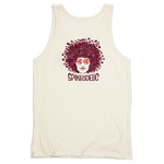 Spikeodelic volleyball men's tank top. Back graphic is man's face with afro made from volleyballs and players spiking volleyballs. Man's glasses are round and feature volleyballs. The words "Spikeodelic" are below the graphic. The majority of the art is d