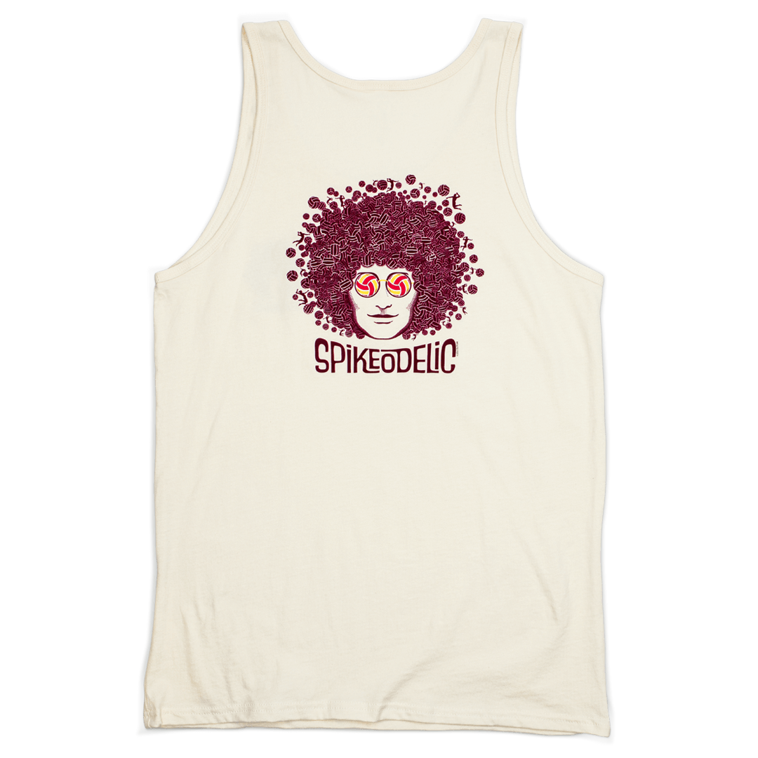 Spikeodelic volleyball men's tank top. Back graphic is man's face with afro made from volleyballs and players spiking volleyballs. Man's glasses are round and feature volleyballs. The words "Spikeodelic" are below the graphic. The majority of the art is d