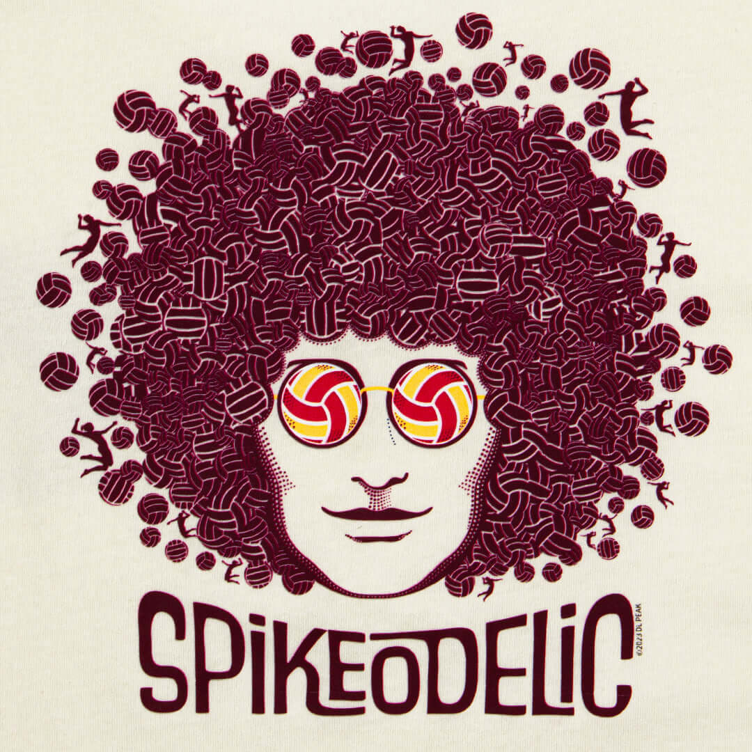 Spikeodelic volleyball men's tank top detail of graphic. Back graphic is man's face with afro made from volleyballs and players spiking volleyballs. Man's glasses are round and feature volleyballs. The words "Spikeodelic" are below the graphic. The majori