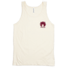 Spikeodelic volleyball men's tank top. Front pocket graphic is man's face with afro made from volleyballs and players spiking volleyballs. Man's glasses are round and feature volleyballs. The words "Spikeodelic" are below the graphic. The majority of the 