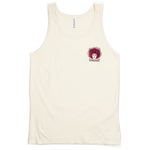 Spikeodelic volleyball men's tank top. Front pocket graphic is man's face with afro made from volleyballs and players spiking volleyballs. Man's glasses are round and feature volleyballs. The words "Spikeodelic" are below the graphic. The majority of the 