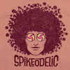 Spikeodelic volleyball women's tank top detail of art. Front graphic is man's face with afro made from volleyballs and players spiking volleyballs. Man's glasses are round and feature volleyballs. The words "Spikeodelic" are below the graphic. The majorit