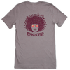 Spikeodelic volleyball men's t-shirt in pebble. Back graphic is man's face with afro made from volleyballs and players spiking volleyballs. Man's glasses are round and feature volleyballs. The words "Spikeodelic" are below the graphic. The majority of the