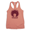 Spikeodelic volleyball women's tank top in sunset. Front graphic is man's face with afro made from volleyballs and players spiking volleyballs. Man's glasses are round and feature volleyballs. The words "Spikeodelic" are below the graphic. The majority of