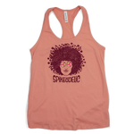 Spikeodelic volleyball women's tank top in sunset. Front graphic is man's face with afro made from volleyballs and players spiking volleyballs. Man's glasses are round and feature volleyballs. The words "Spikeodelic" are below the graphic. The majority of